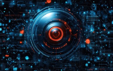 Obraz premium Futuristic surveillance lens embedded in a complex network