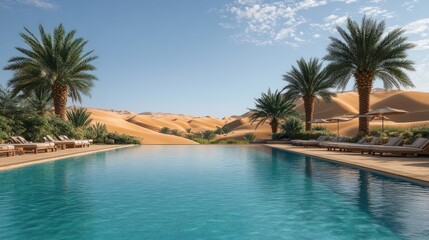 Fototapeta premium Desert Oasis: Luxury Pool and Palm Trees with Stunning Sand Dunes