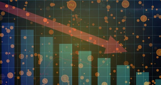 Displaying animated teal bar chart columns with descending red arrow and floating dollar coin icons