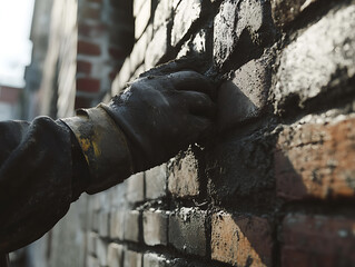 Construction Worker Applying Mortar to Brick Wall