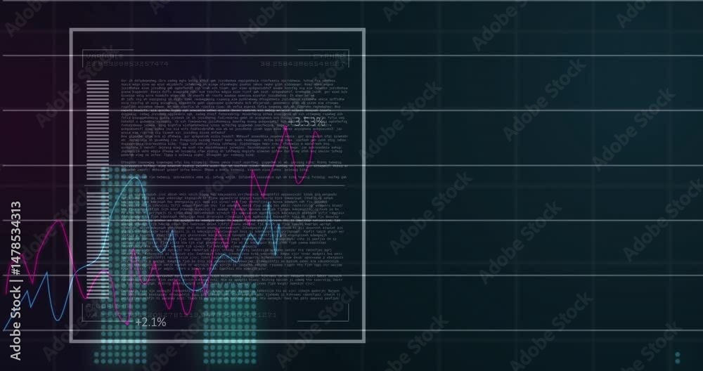 Poster white panel showing code headings variable cypher algorithm, colored graphs animating on dark ui