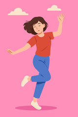 Flat illustration of a happy young woman dancing joyfully.