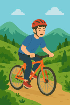 Boy riding bicycle on forest trail with mountain and trees background.