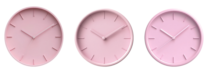 Three pink clocks isolated on a transparent background for design use
