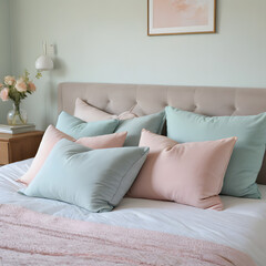Relaxing bedroom, soft pillows, pastel