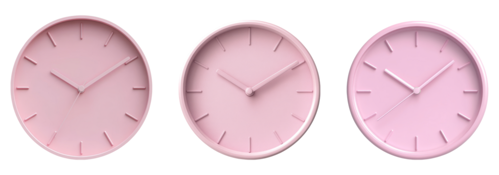 Three pink clocks isolated on a transparent background for design use - Powered by Adobe