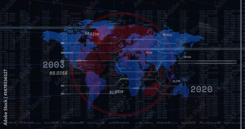 Poster stylized world map displaying virtual data overlay, showing code columns and segmented red gauge