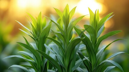 Obraz premium Three green stalks are lit up, back-lit in sunny field