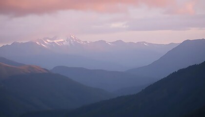 Majestic mountain landscape under a gentle pastel sky during dawn or dusk
