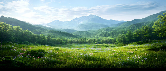 Obraz premium Picturesque Mountain Valley With Lush Green Forest And Flowers