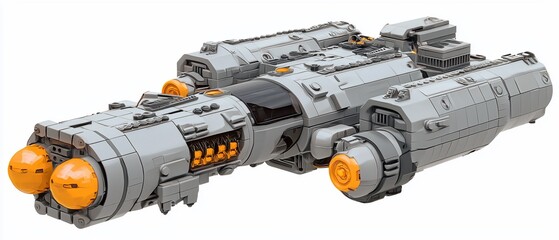 Detailed view of a gray and orange futuristic spaceship assembled from bricks