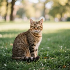 Fototapeta premium A beautiful brwon cat sitting on the grass