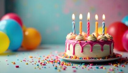 A vibrant birthday cake with lit candles, surrounded by colorful balloons and confetti , sweet treat, sweet