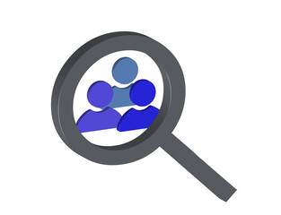Simple 3D illustration of an icon of a blue and gray magnifying glass with three people in it.
