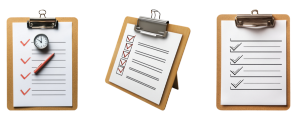 Three checklists on clipboards with a clock, pen, and check marks, isolated