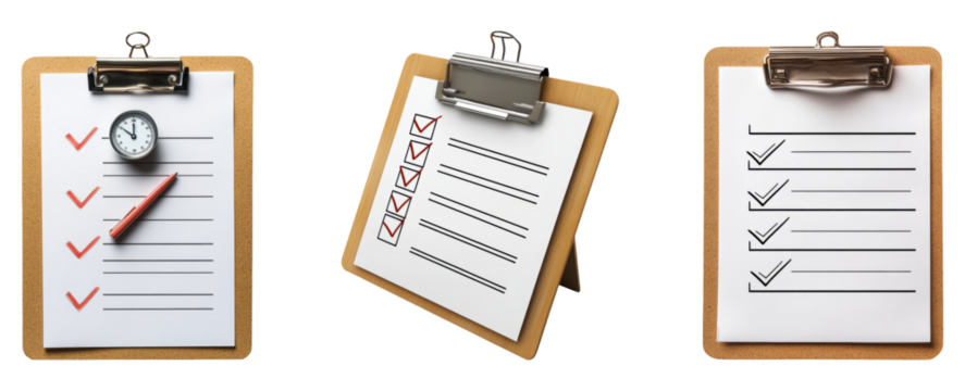 Three checklists on clipboards with a clock, pen, and check marks, isolated