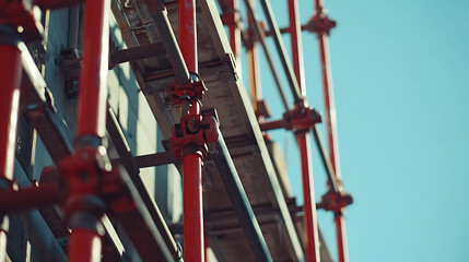 Red Scaffolding Structure Against Clear Sky