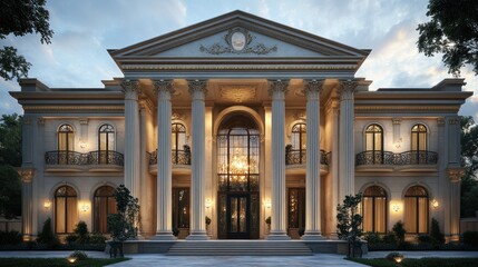Obraz premium Grand Neoclassical Mansion at Dusk: Architectural Masterpiece