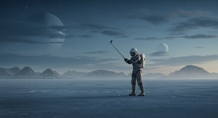 Astronaut Plays Golf on an Alien Planet Under a Twin-Moon Sky