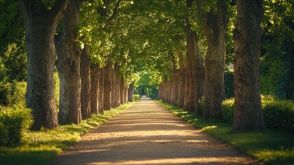 Obraz premium Serene Pathway: Sunlight Dappled Tree-Lined Lane