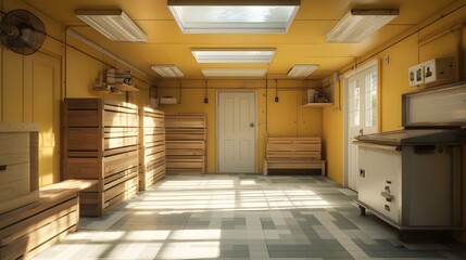Explore The World Of Beekeeping With An Empty Equipment Garage Filled With Honey Making Essentials