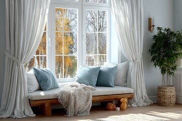 Cozy window seat, autumn view