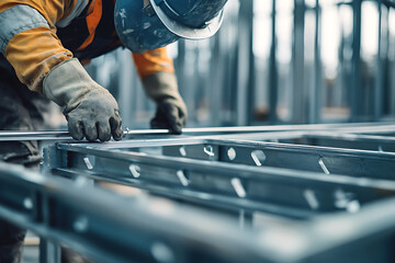 Construction Worker Assembling Metal Framework