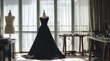 Exquisite tailored gown undergoing precise fitting on professional dressmaker’s mannequin for perfect bespoke couture silhouette