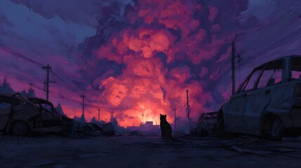 Fototapeta premium Curious cat examines smoldering car wreckage with cautious fascination amidst smoky abandoned automotive ruin scene