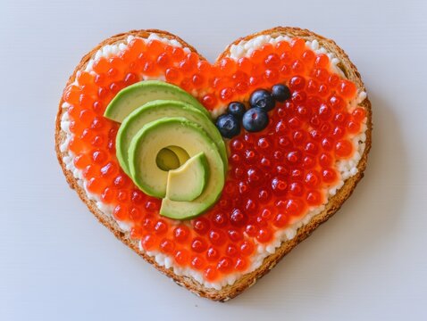 Heart shaped caviar toast with avocado and blueberries overhead food photography healthy eating romantic breakfast