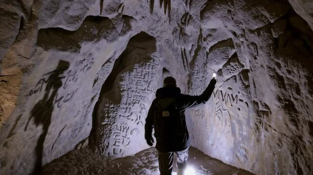 Geologist exploring ancient cave paintings with flashlight