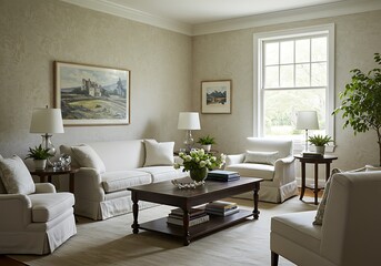 Fototapeta premium Living room interior with white furniture and neutral wall color