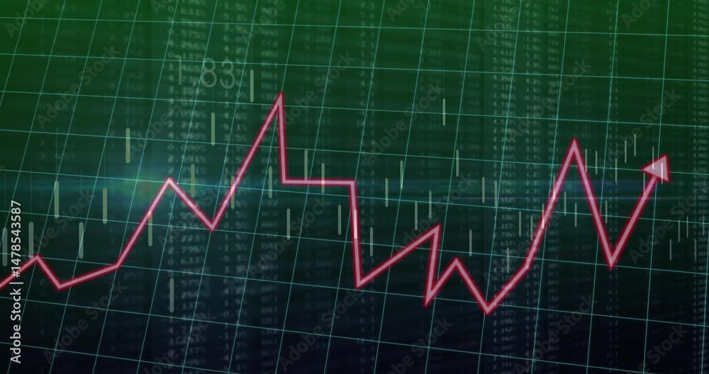 Poster bright red zigzag line graph ending with arrowhead moving across chart showing candlestick bars