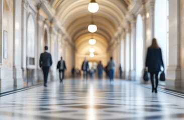 A long hallway with people walking