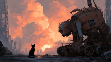 Curious cat pauses beside wreckage of derelict ship hull, exploring industrial decay with silent stance