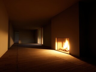 Interior of modern minimalist house with fireplace and wood floors, warm light, low angle shot, empty room