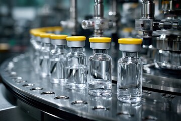 Pharmaceutical Bottles on Automated Production Line Close Up Industrial Setting Manufacturing Vaccine