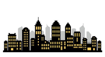 Fototapeta premium City Skyline with Silhouette Buildings and Yellow Windows