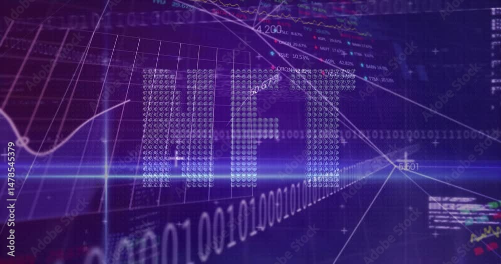 Poster binary bars forming four columns showing curved white line graph on purple grid, with ticker text