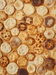 Obraz premium Overhead flat-lay of various homemade pita breads showing different levels of baking and toppings on a wooden surface