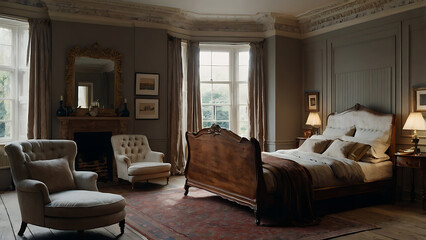 Elegant bedroom interior with antique furniture and warm lighting creating a cozy atmosphere