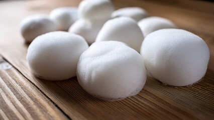 Close-up shot of fluffy white cleansing foam dollops placed on a light wooden surface, giving a fresh, clean, and approachable vibe, soft morning light, no branding elements.