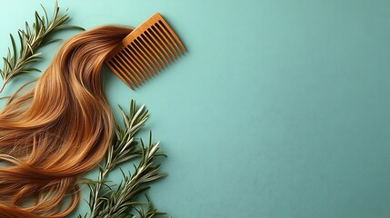 Healthy hair, sprigs of rosemary, wooden comb