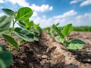 Low angle view of soybean seedlings growing in cultivated field under blue sky with clouds in spring season