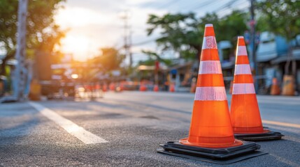 Traffic cones on road at sunset, eye-level view of construction zone safety equipment in urban setting, Thailand