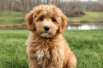 Portrait of a Cute Goldendoodle Puppy Sitting in Green Grass near Lake in Daytime Outdoors