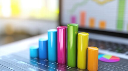 Fototapeta premium A vibrant bar graph displayed on a laptop screen representing data analysis and business growth. Ideal for themes of technology and progress in finance.