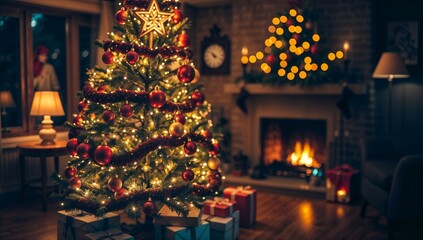 Fototapeta premium Elegant Christmas Tree in Cozy Living Room with Fireplace and Gift Boxes - Generative AI