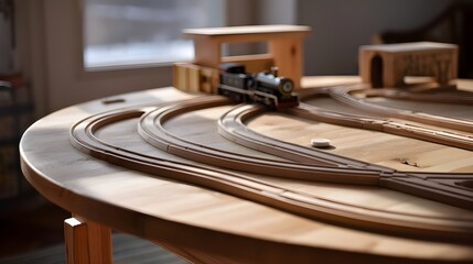 Wooden train table awaits children without tracks, featuring layout and customizable arrangement for imaginative play