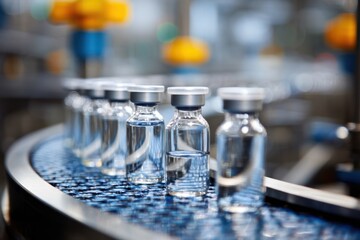 Vaccine vials travel on a conveyor belt in a pharmaceutical factory close up view industrial production line